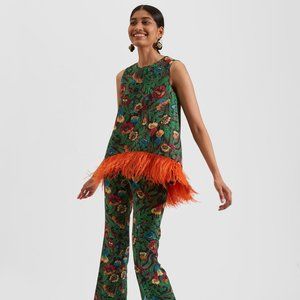 LA DoubleJ Green Floral Top with Orange Fringe